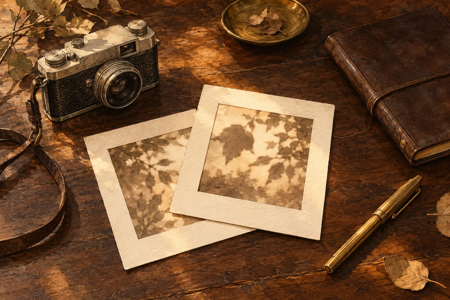 木製の机にクラシックなカメラ、葉の影を描いた2枚の写真、革張りノート、真鍮のペンを置いたセピア調のイラスト